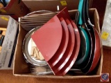 Box of assorted frying pans, hand grinder, utensils and plastic sorter