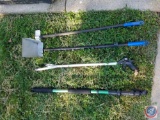 32 gallon rubber trash can, push broom, snow shovel, metal rake, indoor broom, Bonaire water