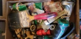 (3) flats containing gardening tools including hose nozzle attachments, paint brush, duct tape, tape
