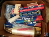 Box containing; assorted kitchen baggies and paper products