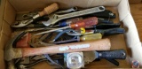 Box of assorted tools including; hammer, pliers, putty knife, screw drivers, crescent wrench,