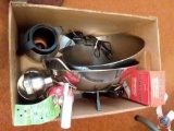 Box containing; fire extinguisher, coffee carafe, wok, drink shaker