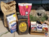(2) bags of charcoal (NEW), (2) bags of charcoal (opened), box of wood chips, (3) full cans of