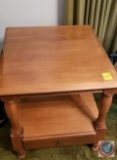 (2) matching wood end tables with shelf and drawer (22