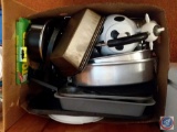 Box containing; cow tea pot, roasting pan, bread pan, cookie sheets and more