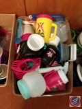 Box containing; assorted plastic cups, containers, slicers and more
