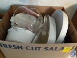 Box containing; assorted Corningware dishes and Pyrex measuring cup