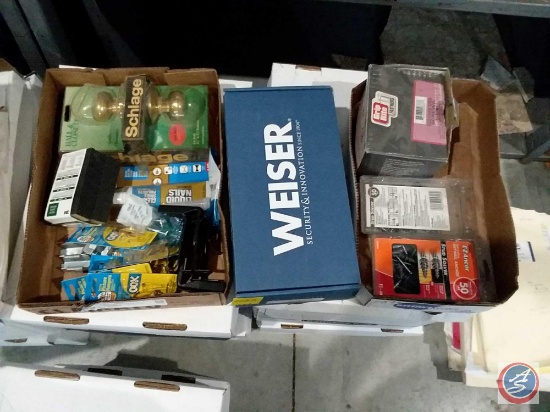 (3) boxes containing Schalage door handle set, Liquid nails, picture hangers, 3M sanding blocks,