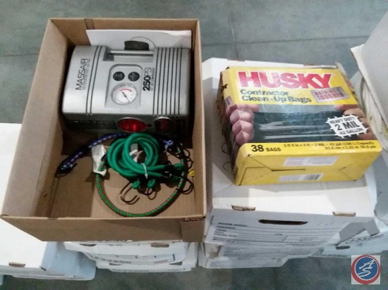 Massair 250psi/12v air compressor, bungee cords, Husky 42gal trash bags
