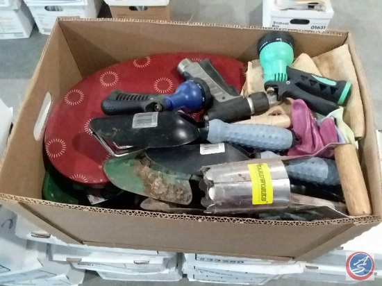 Box containing assorted gardening supplies including; gloves, hose nozzles/sprayers, hand