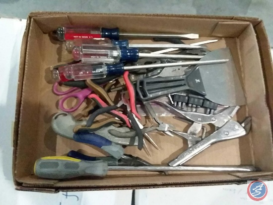 Flat containing assorted hand tools including; screw drivers, vise grip, pliers, box cutter, putty