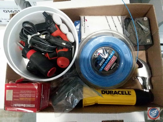 Box containing Duracell flashlight, Craftsman trimmer line, Econo Switch, hammer, Cooper wiring