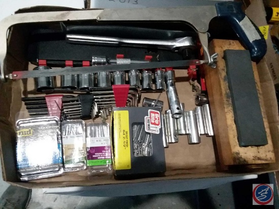 Flat containing Task Force 12 piece 1/2" drive socket set (item #96537), allen wrenches, Grip Rite