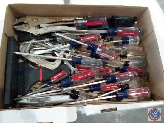 Flat containing assorted screw drivers, clamps, vise grip, wrenches and more