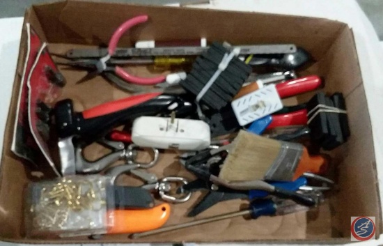 Flat containing paint brush, pliers, wire cutters, box cutters, screw drivers and more