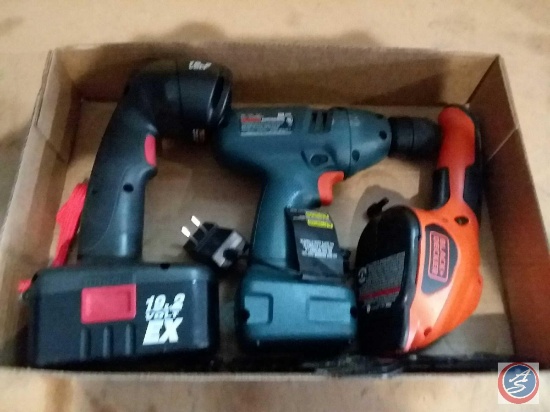 Flat containing Craftsman flashlight, black and Decker sander and a cordless screw driver