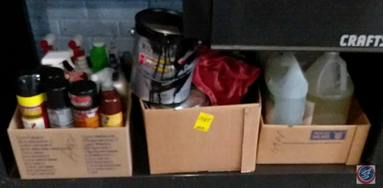 (3) boxes containing assorted paint, cleaning supplies, Snow-Go ice melt and more