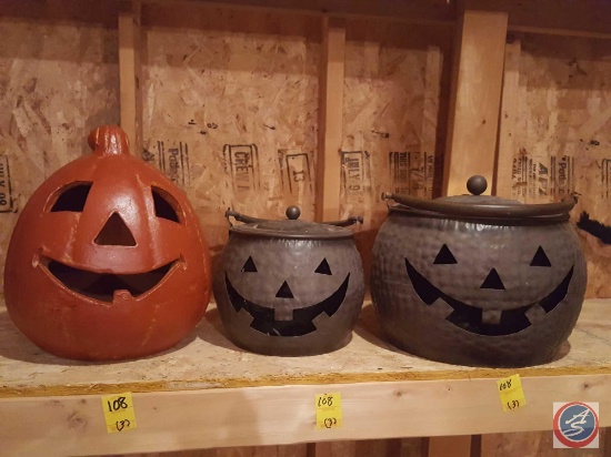 (2) metal outdoor lighted jack O' lanterns, (1) clay pottery outdoor jack O' lantern (holds a