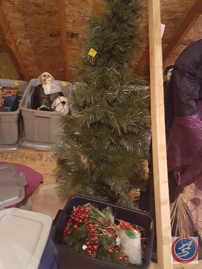 5' artificial Christmas tree, plastic tote with lid containing fiber optic holiday garland