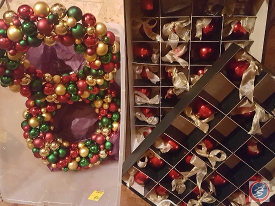 (2) boxes containing Christmas red glass ball decorations, a metal/plastic ornament Christmas