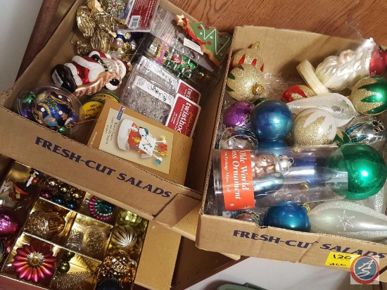 (3) flats containing assorted Christmas decorations including blown glass and Christmas cards