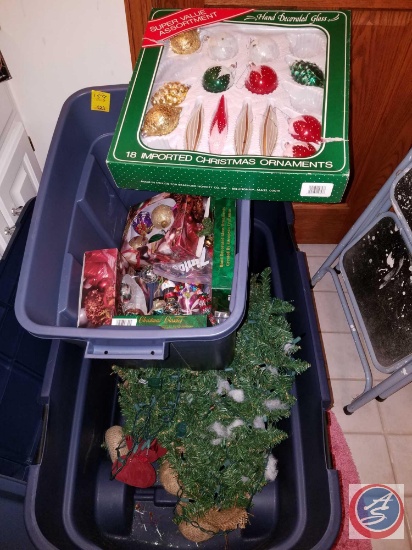 (2) totes with lids containing assorted fragile Christmas ornaments, (14) small/table top artificial