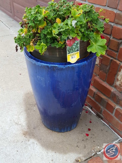 (2) Tall Blue Glazed Pottery Outdoor Ceramic Planter Pots
