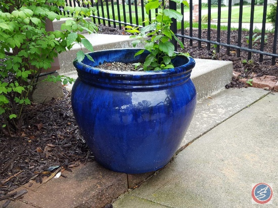 (3) blue glazed ceramic 14'' dia. planter pots