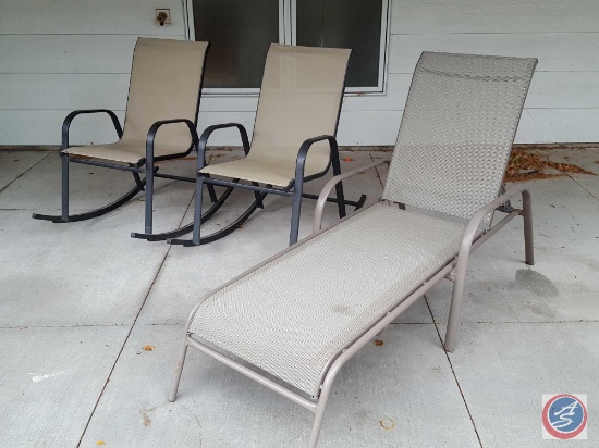 (2) mesh patio rocking chairs, and an adjustable reclining mesh patio lounge chair