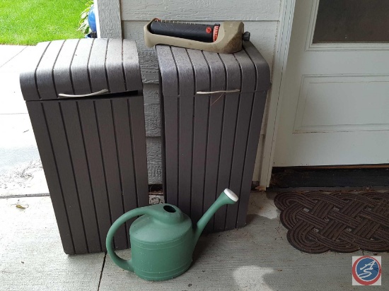 (2) resin storage/waste cans w/ hinged lids, outdoor entry mat, sprinkler, watering can, and a cable