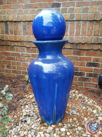 Blue glazed ceramic ball and urn garden fountain