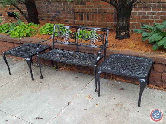 3 pc. Wrought iron patio set: garden bench and (2) small side tables