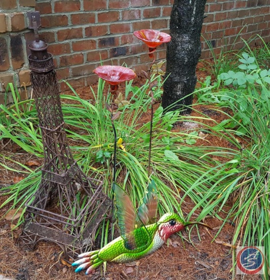 (2) glass hummingbird baths, Eiffel Tower and large hummingbird metal garden decorations