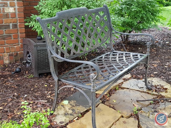 Wrought iron metal bench, and a Sun resin garden hose storage container