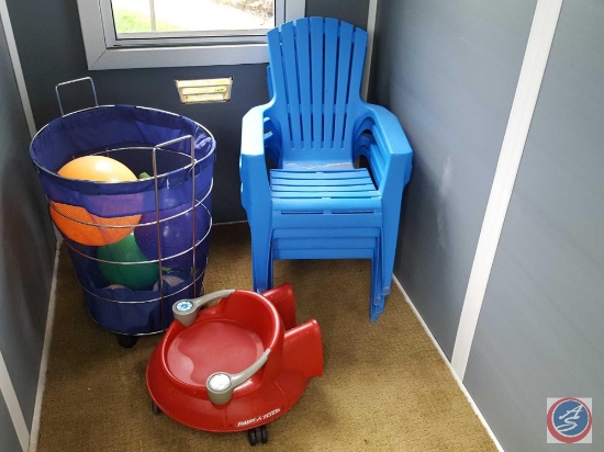 Radio Flyer Spin 'N' Saucer Plastic Scooter, (4) Child size Adirondack plastic chairs, basket of