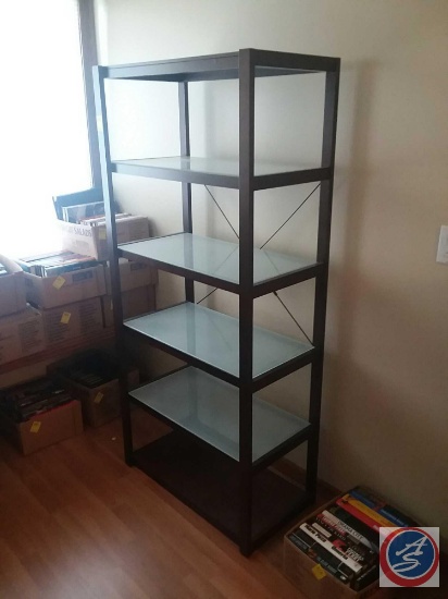 (2) 5-tier wood and frosted glass bookshelves (65"x30"x16") {{TWO TIMES THE MONEY}}