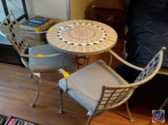 3 piece bistro set includes mosaic top table and (2) metal chairs with cushions (29"x29")