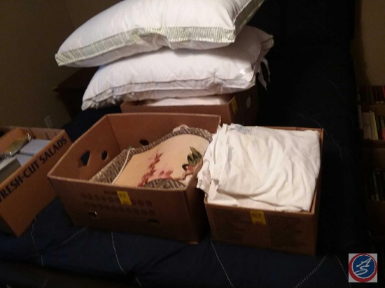 (3) boxes containing assorted bed linens, pillows and (3) bird/floral wall tapestries