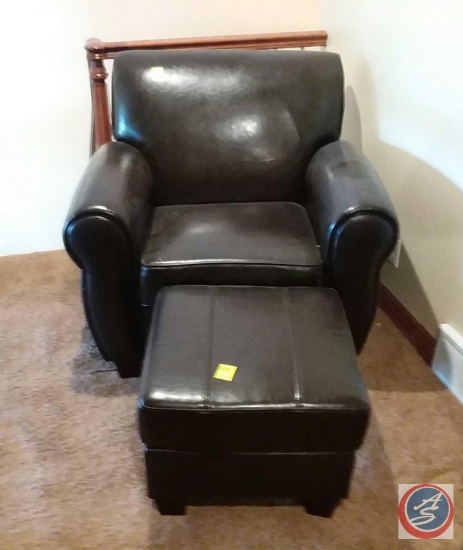 Large brown pleather chair and ottoman