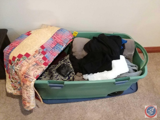 Tote containing assorted blankets, bed linens, quilt and more