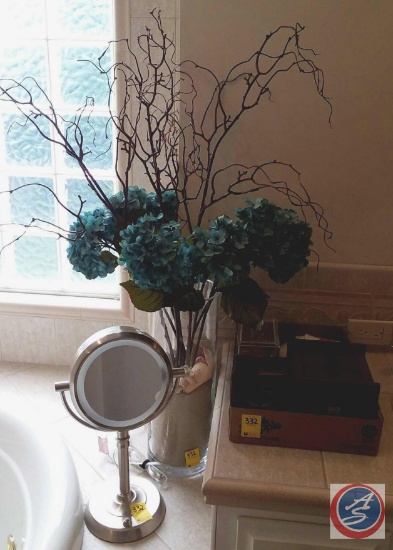 Lighted vanity mirror, large vase with sand/sea shells/faux floral arrangement, small 3 drawer wood
