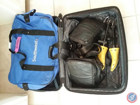 Samsonite hard case luggage bag on wheels, (2) duffel bags (one leather), pair of plastic shoe