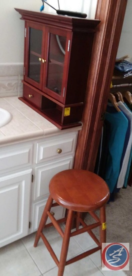 2 door with glass/1 drawer wood wall cabinet (23.5"x7"x23"), cherry wood stool (24")