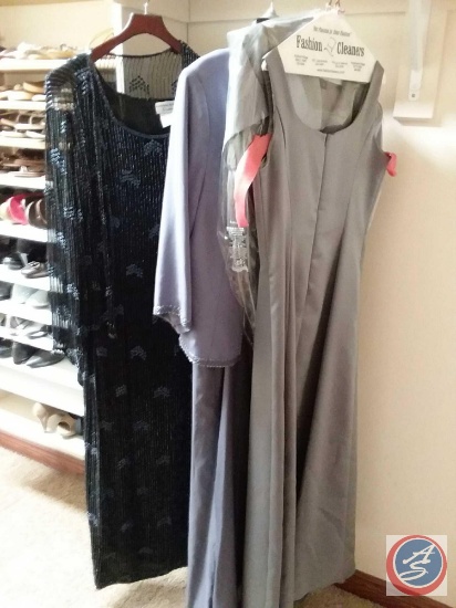 (3) 2 piece ladies formal dresses (2 size 16/1 size 10), formal black velvet cape