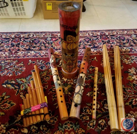 Pan flute, decorative Guatemalan percussion instrument, Bahama penny whistle and more
