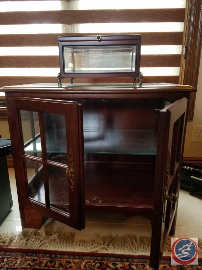 2 shelf/2 door wood and glass display case (24"x28"x18"), small wood and glass hinged display case