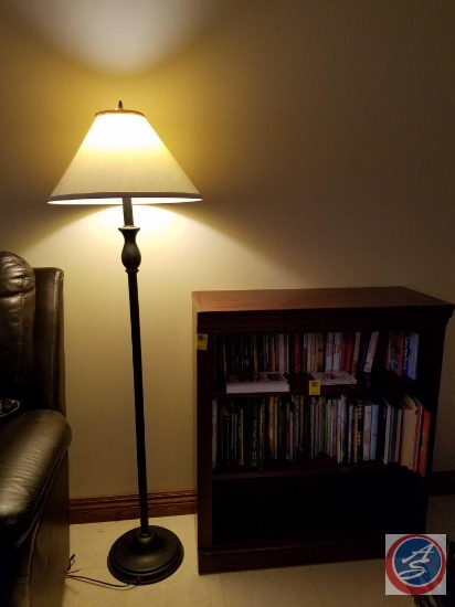 3 tiered wood bookshelf (36"x32"x12") {{CONTENTS SOLD SEPARATELY}}, floor lamp with shade