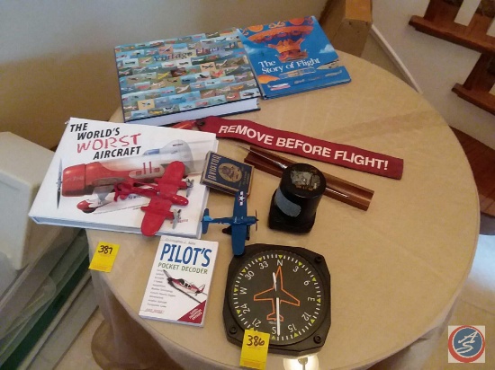 Trintec compass wall clock, (4) aviation books, airplane ornament, airplane display piece, Aviator