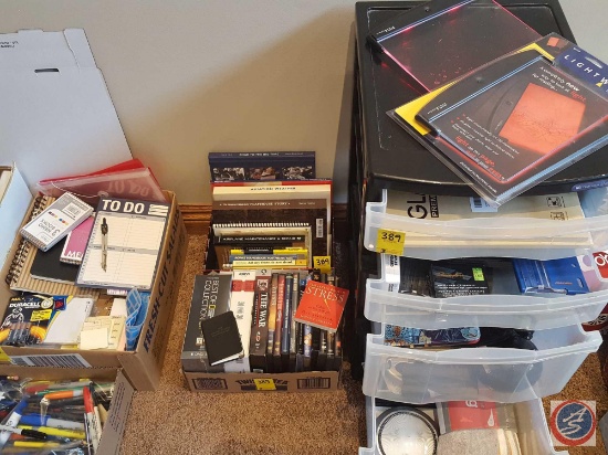 DVDs, books, 4 drawer plastic tote containing micro fiber towels, (2) Lightwedge night visions, (4)
