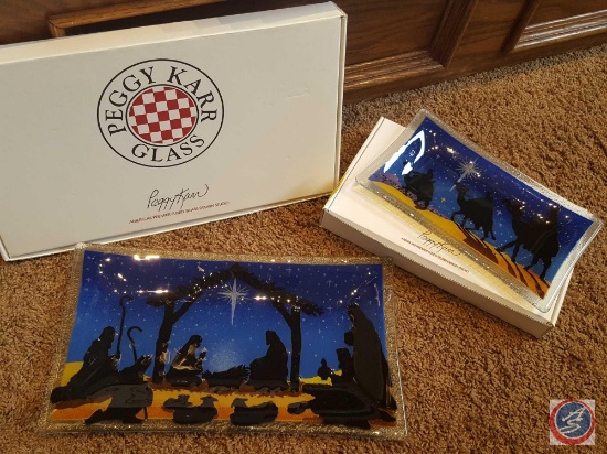 Peggy Karr Glass 10" tray and 14" tray decorative fused glass plates- Bethlehem